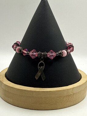 Sterling Pink Beaded Awareness Bracelet Crystal Ribbon Charm Coquette Aesthetic